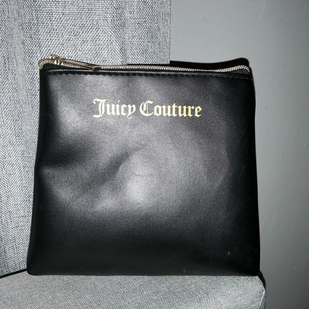 Juicy‎ Couture Black Faux Leather Logo Pouch Cosmetic Bag Gold Hardware Makeup